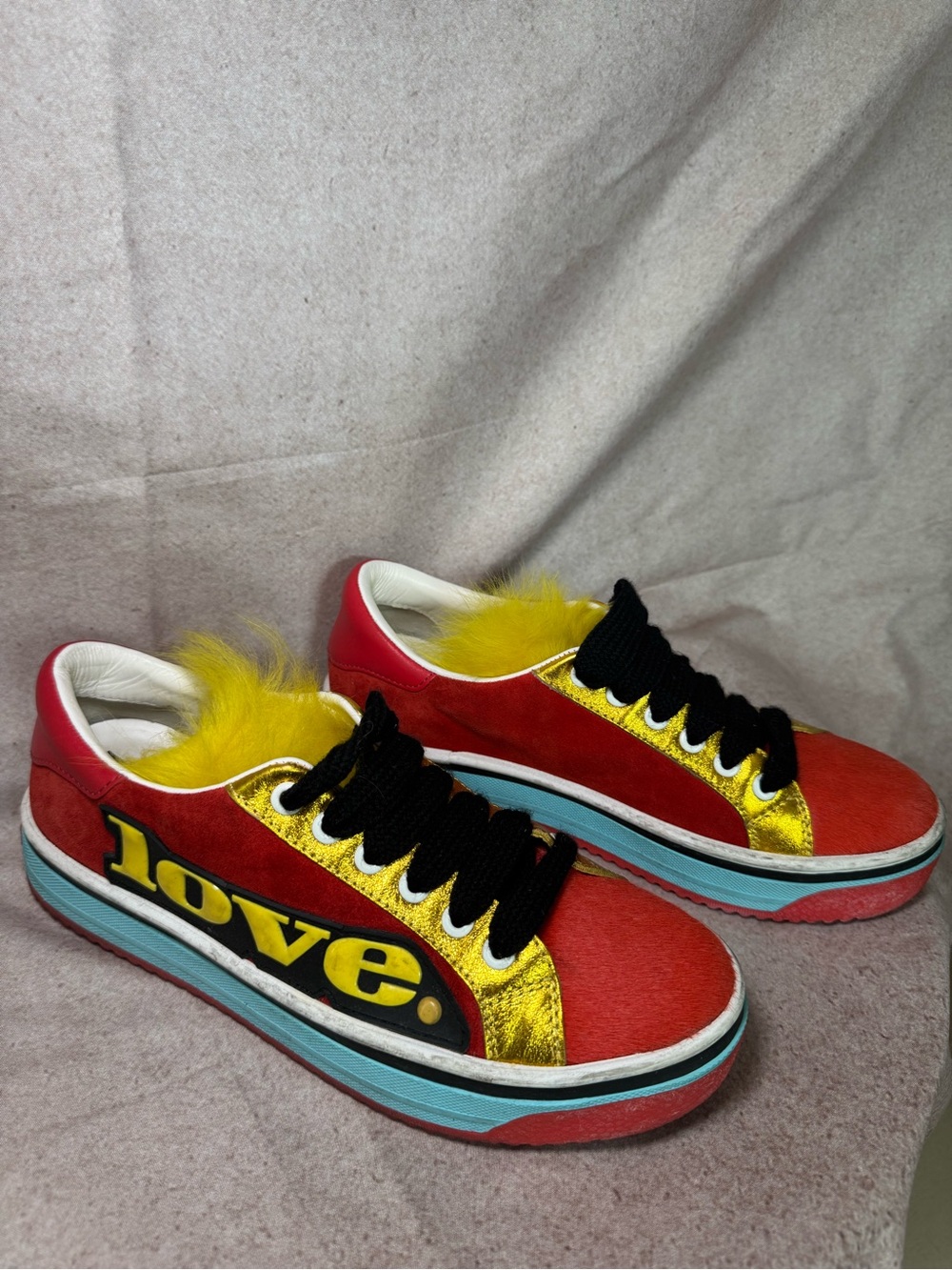Marc Jacob’s Red, Yellow, Gold Fur 'Love' Fashion Sneakers